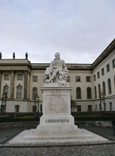 Marble statue of Alexander von Humboldt, entrance to Humboldt University, Berlin, Germany, 2025. Creators: LTL, Reinhold Begas.