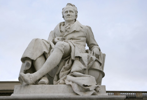 Marble statue of Alexander von Humboldt, entrance to Humboldt University, Berlin, Germany, 2025. Creators: LTL, Reinhold Begas.