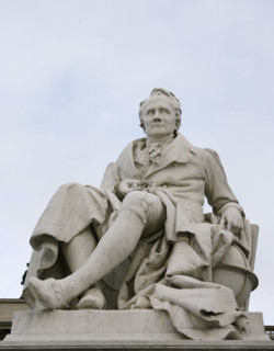 Marble statue of Alexander von Humboldt, entrance to Humboldt University, Berlin, Germany, 2025. Creators: LTL, Reinhold Begas.
