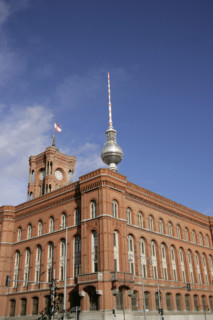 Red Town Hall, (Rotes Rathaus) from Spandauer Strasse, Berlin, Germany, 2025.  Creator: LTL.