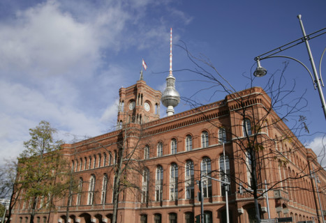 Architectural detail, Red Town Hall, (Rotes Rathaus) from Spandauer Strasse, Berlin, Germany, 2025.  Creator: LTL.