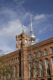 Red Town Hall, (Rotes Rathaus) from Spandauer Strasse, Berlin, Germany, 2025.  Creator: LTL.