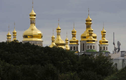 Exterior view of the thirteen golden onion domes, Saint Sophia Cathedral, Kiev, Ukraine, 2011.  Creator: LTL.