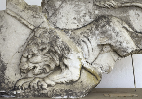 Fragment of a Roman relief which depicts a lion, Museum of Miletus, Turkey, 1999. Creator: LTL.