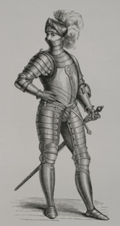 Knight in armour, 1590, (1877). Engraving from a design by Cesare Vecellio (c1521-c1601). Creator: Unknown.