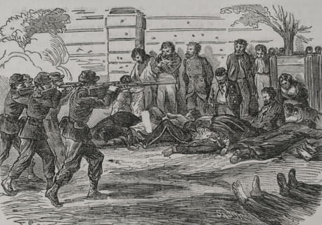 Shootings of Communards at the Jardin du Luxembourg, (Luxembourg Gardens), after the defeat…1871. Creator: Celestino Sadurni.
