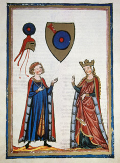 Austrian poet Der von Kürenberg, talking to a lady, c1300.  Creator: Unknown.
