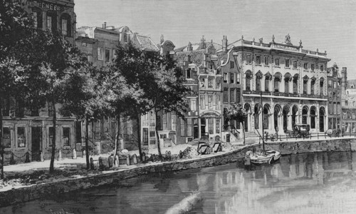 Nieuwezijds Voorburgwal street and canal with the Royal Post Office, Amsterdam, Netherlands, 1883.  Creator: Tomás Carlos Capuz.
