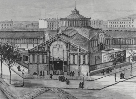 Exterior view of the new San Antonio Market, Barcelona, Catalonia, Spain, 1883. Creator: Eugenio Vela.