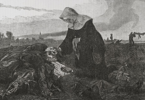 Franco-Prussian War (1870-71): Sisters of Charity on the battlefield, tending to the wounded, 1870.  Creator: Unknown.