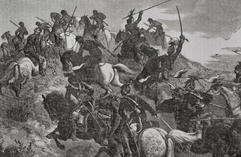 Franco-Prussian War (1870-71): Engagement between Uhlans and French Chasseurs d'Afrique, Aug 1870.  Creator: Unknown.
