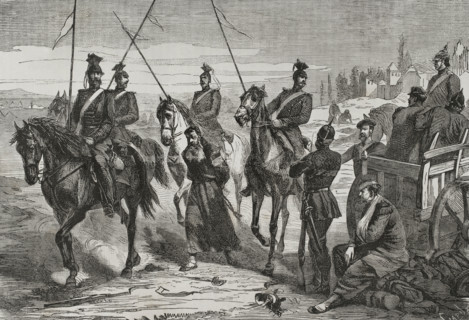 Franco-Prussian War (1870-1): Prussian Uhlans lead a captured French spy to the camp near Metz,1870. Creator: Tomás Carlos Capuz.