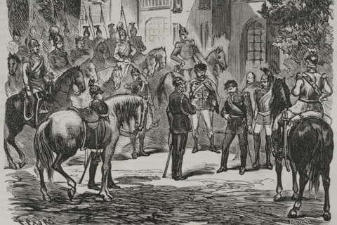 Franco-Prussian War: Napoleon III surrendering to King Wilhelm I of Prussia...1870, (1870). Creator: Celestino Sadurni.