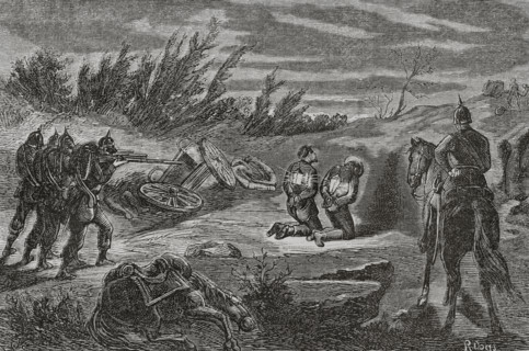 Franco-Prussian War (1870-71): Night execution of two men, caught...marauding a Prussian camp, 1870. Creator: Ribas.