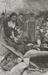 Franco-Prussian War (1870-1871): Prussian ambulances tending the wounded soldiers, Sep 1870 (1870).  Creator: Unknown.