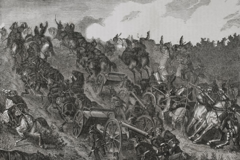 Franco-Prussian War (1870-1871): Prussian artillery engaging in combat, August 1870 (1870).  Creator: Unknown.