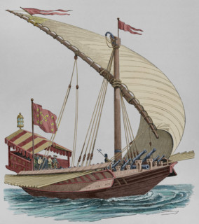 Pontifical galley equipped with large stays, sails, oars and heavy artillery, 1550, (1877).  Creator: Unknown.