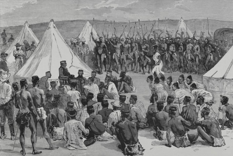King Cetewayo receiving a deputation of his relatives at Intonyanene, 1883.  Creator: Unknown.