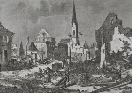 Franco-Prussian War (1870-71): The main street in Kehl after bombardment by French artillery, 1870.  Creator: Tomás Carlos Capuz.