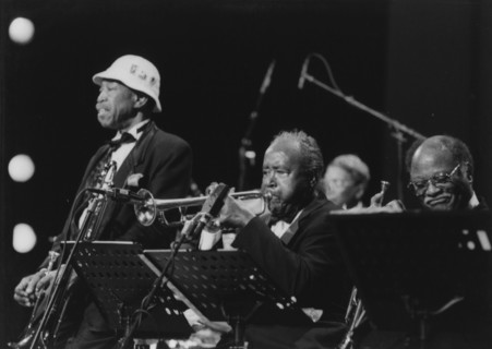 Clark Terry, Harry "Sweets" Edison, Al Grey, Lionel Hampton and..., North Sea Jazz Festival, 1994. Creator: Brian Foskett.