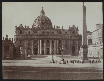 Front facade of St. Peter's Basilica, Rome, with obelisk at right, c1858. Creator: Jane Martha St. John.