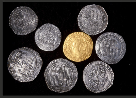 Silver coins and gold doble excelente of Ferdinand and Isabella, Spanish, c1479-1504. UPSIDE DOWN Creator: Unknown.