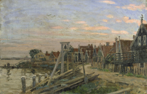 Study of wooden houses on a beach at sunset, (Holland), probably mid-late 1870s. Creator: George Clausen.