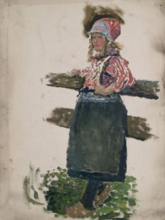 Study of a Dutch girl leaning against a fence, (Marken), mid-late 1870s. Creator: George Clausen.