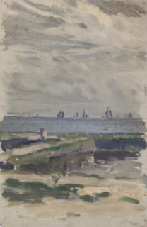 Study of a beach with a view out to sea and sailing boats, (Holland), mid-late 1870s. Creator: George Clausen.