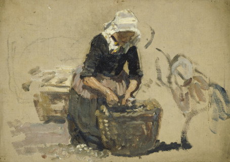 Study of a Dutch woman washing fish in a tub, (Volendam), mid-late 1870s. Creator: George Clausen.