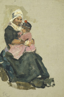 Sketch of a seated Dutch woman holding a child on her knee, (Volendam), mid-late 1870s. Creator: George Clausen.