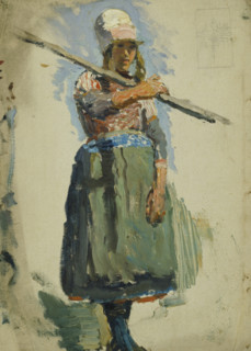Study of a young girl carrying a pole, (Marken), mid-late 1870s. Creator: George Clausen.