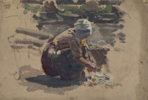 Study of a Dutch woman washing fish on a beach, mid-late 1870s. Creator: George Clausen.