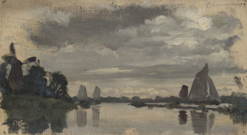 Sketch of boats on a Dutch river with windmill, mid-late 1870s. Creator: George Clausen.