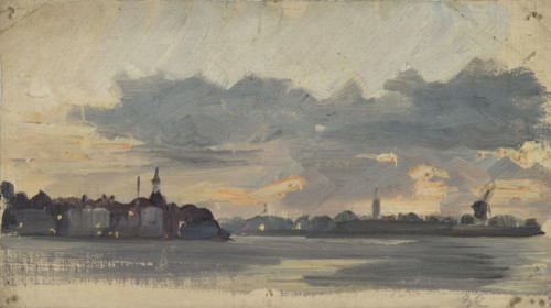 Sketch of a coastal town in Holland, early evening, mid-late 1870s. Creator: George Clausen.