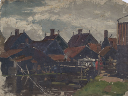 Study of wooden houses beside a pond in Holland, probably mid-late 1870s. Creator: George Clausen.