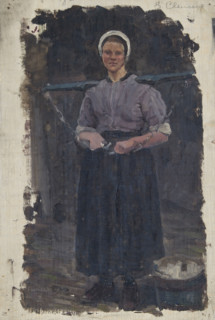 Study of a woman carrying a yoke across her shoulders, Papendrecht, Holland; Papendrecht, 1874, 1874 Creator: George Clausen.