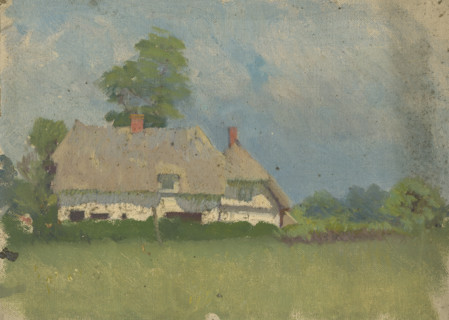 Study of a white thatched cottage in a landscape, probably 1920s. Creator: George Clausen.