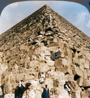 'Looking up the northeast corner of the Great Pyramid, Egypt', 1905. Creator: Underwood & Underwood.