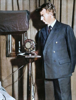 John Logie Baird watching the first play to be televised, 14 July 1930, (1935). Creator: Unknown.