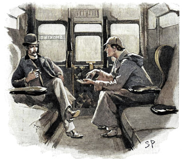 The Adventure of Silver Blaze, Holmes and Watson on train. Creator: Sidney E Paget.