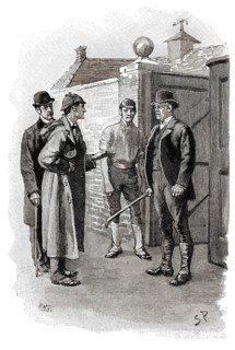 The Adventure of Silver Blaze, Holmes questioning a suspect. Creator: Sidney E Paget.