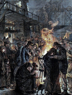The Leycett Colliery Disaster: friends of the miners waiting at the pit mouth, 1880. Creator: Unknown.