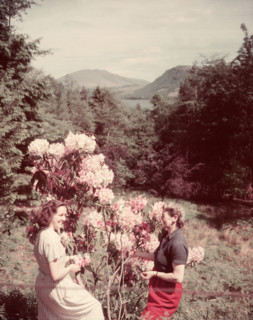 Women with rhododendrons, Derwentwater, Lake District, c1955. Creator: Arthur Charles Kirby Ware.