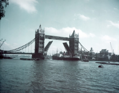 Tower Bridge with bascules raised, London, c1955.  Creator: Arthur Charles Kirby Ware.
