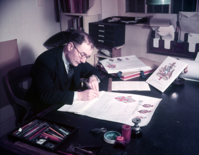 Mr. Lovegrove, Registrar's Clerk, engrossing a document, College of Arms, London, c1953.  Creator: Arthur Charles Kirby Ware.
