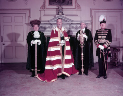 The Lord Mayor of London with Swordbearer, Macebearer and City Marshal, c1953.  Creator: Arthur Charles Kirby Ware.