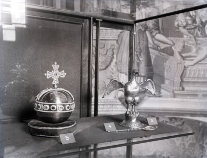 Crown Jewels of the United Kingdom - replicas of the orb, ampulla and anointing spoon, c1953.  Creator: Arthur Charles Kirby Ware.