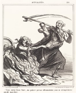 Vous aurez beau faire, ma pauvre presse ultramontaine; vous ne m'empêcherez pas de marcher..., 1866. Creator: Honore Daumier.