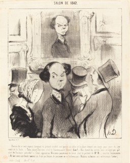 Charmé de se voir exposé, l'original ici présent conduit son épouse au salon..., 1841.  Creator: Honore Daumier.